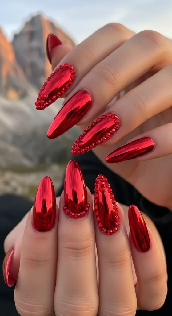 Chrome Red Rhinestone Nails