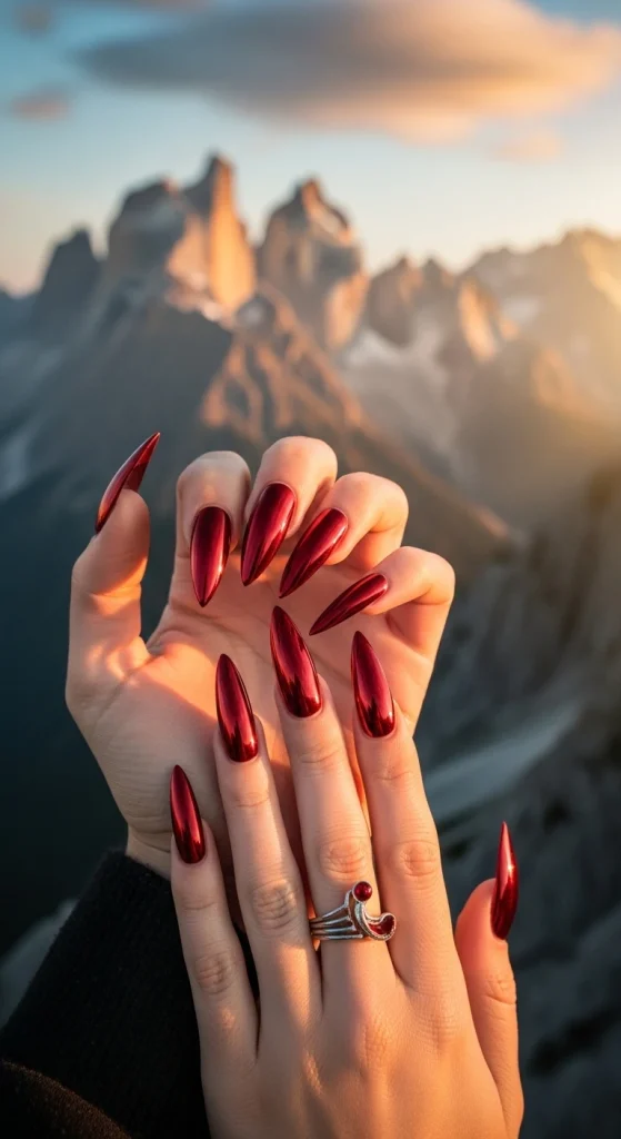 Chrome Red Stiletto Nails