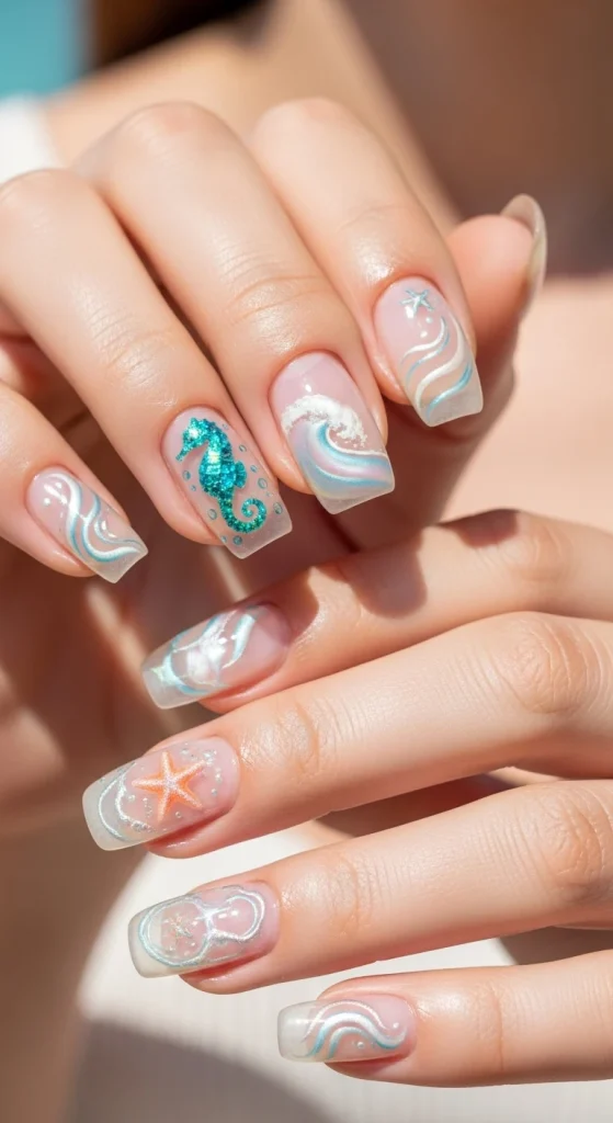 Clear Jelly Nails with Ocean Details