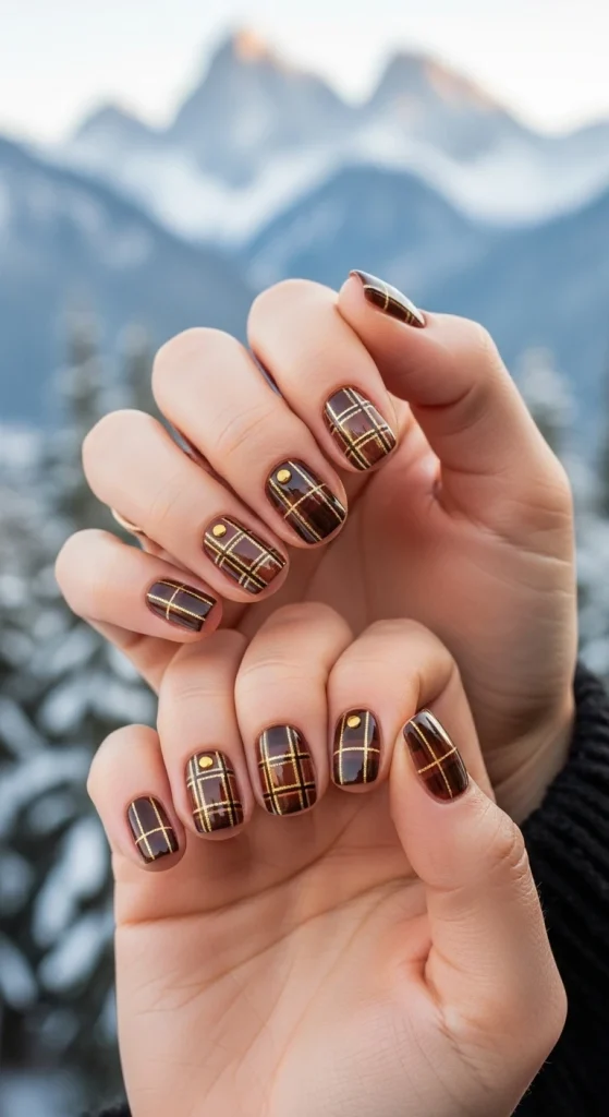 Coffee Brown Plaid Nails with Gold Detailing