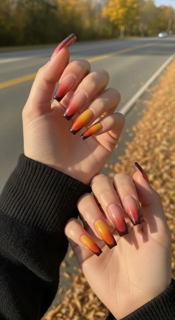 Coffin Aura Nails – Bold Edges with Autumn Radiance