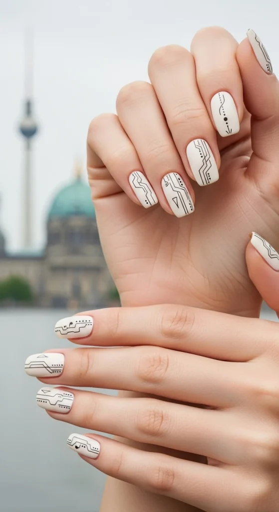 Cream Nails with Delicate Line Art