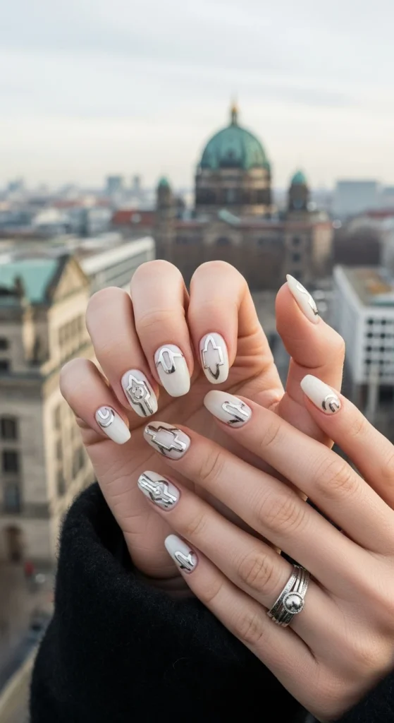 Cream Nails with Silver Detailing for Modern Glam