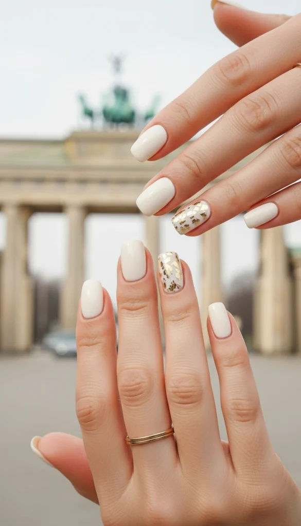 Cream Nails with a Touch of Gold Accent