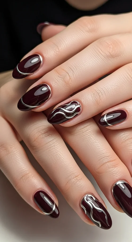 Dark Wine Nails with Chrome Accents