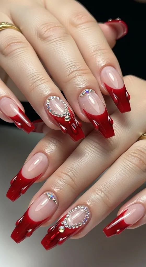 Dripping Blood French Tips with Crystal Details