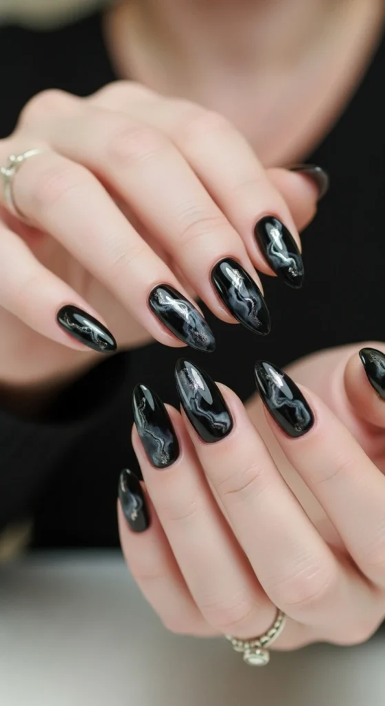 Elegant Marbled Black Nails