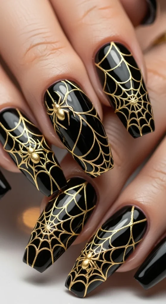 Glossy Black Acrylics with Gold Spider Web Accents