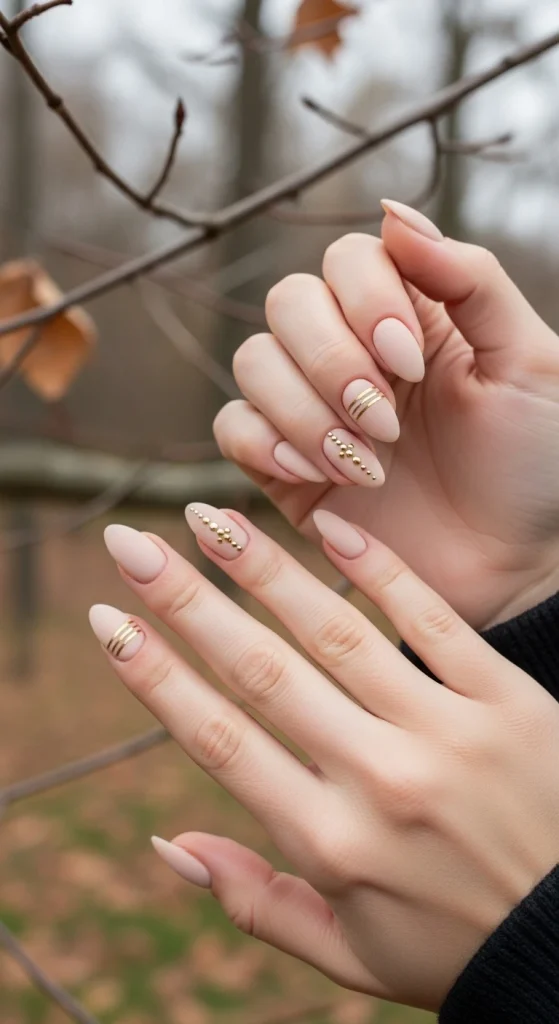 Matte Beige Nails with Gold Accent