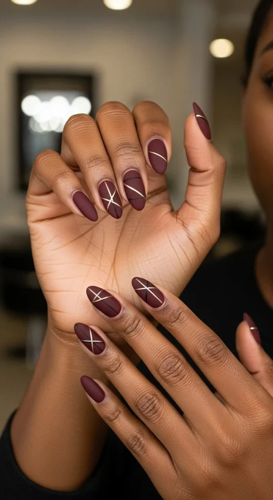 Matte Burgundy Nails with Minimalist Lines