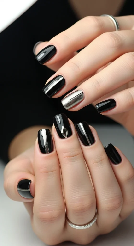 Metallic Accent Black Nails