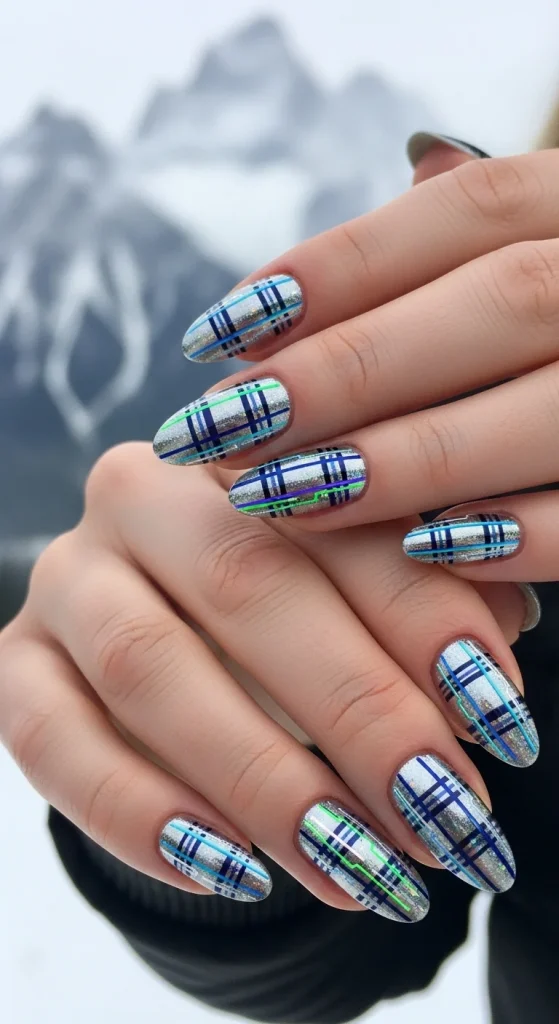 Metallic Plaid Nails with a Futuristic Edge