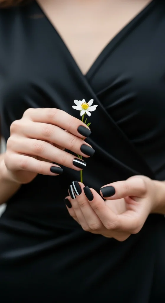 Minimalist Black Nails with White Accent Line