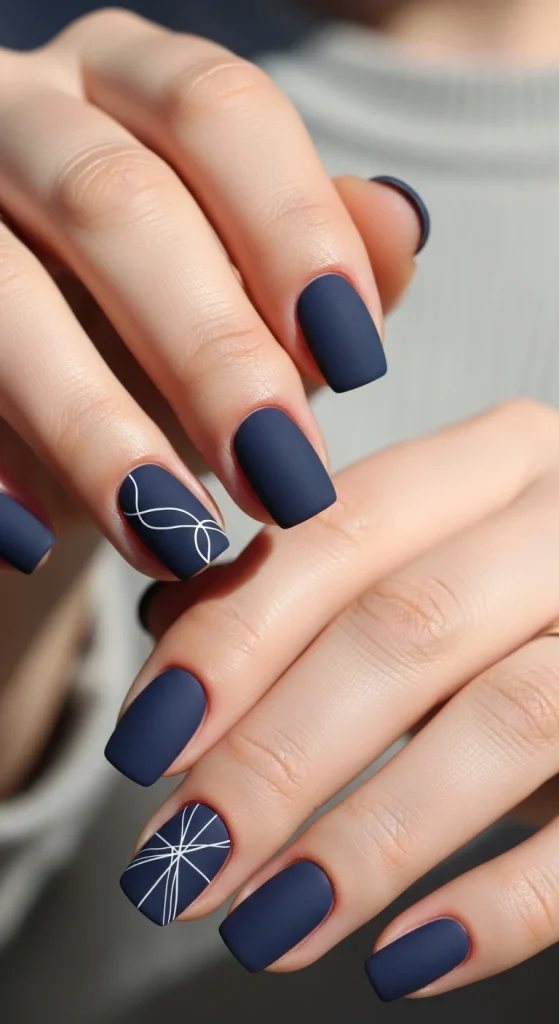 Navy Nails with Minimalist Line Art