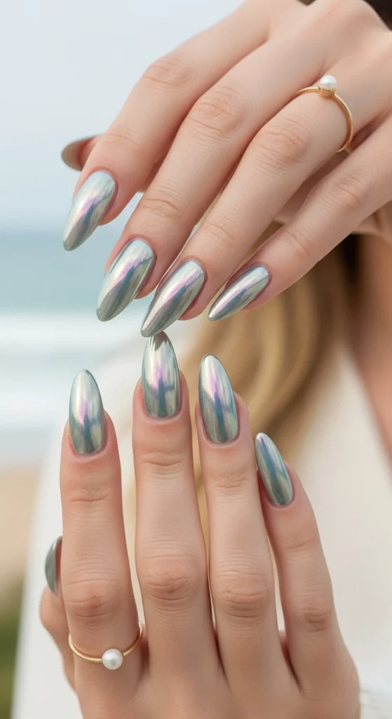 Pearl Chrome Nails for Coastal Glam