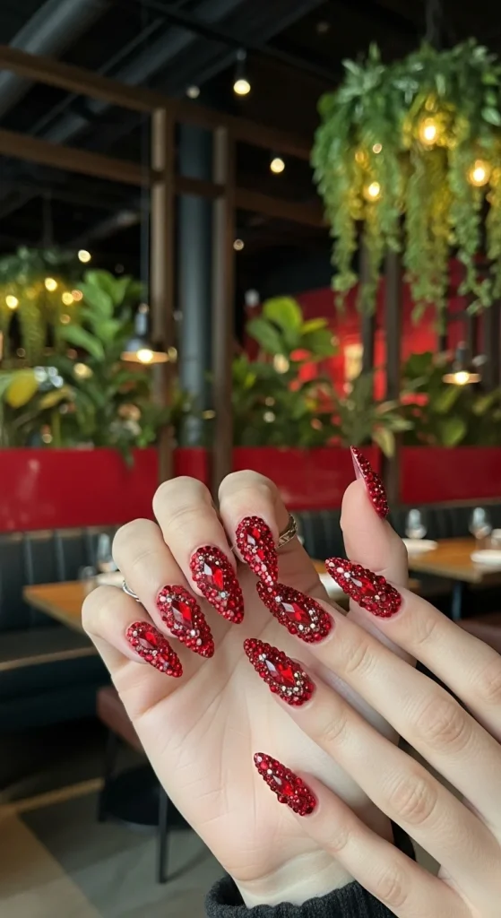Rhinestone Red Glam Nails