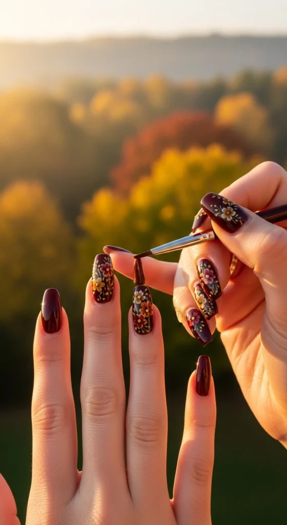 Rum Raisin Nails with Floral Touches