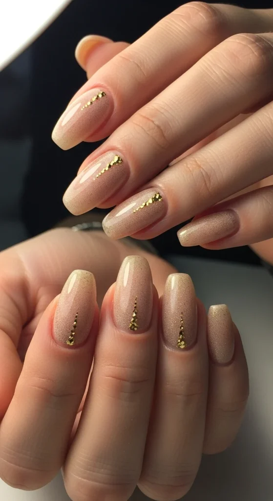 Sandy Nude Nails with Golden Shimmer