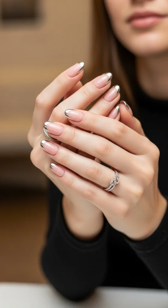 Short Almond Nails with Chrome Accents