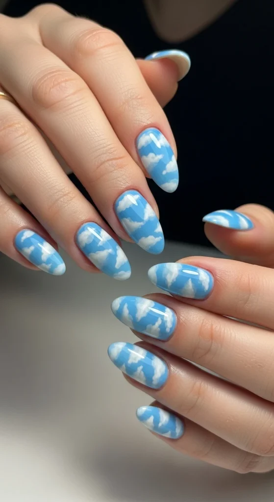 Sky Blue and White Cloud Nails