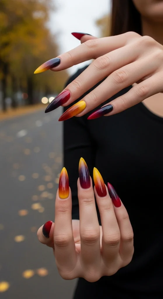 Stiletto Aura Nails – A Fierce Take on Fall Energy