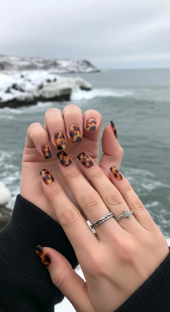 Tortoise Nails with Accent Ring Finger