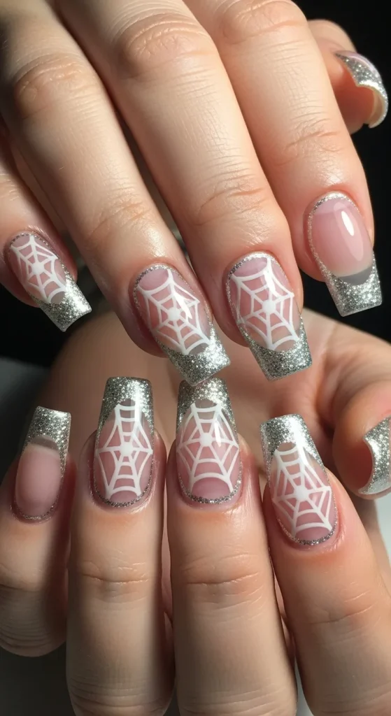 Webbed Acrylic Nails with Silver Glitter Lining