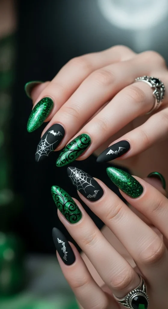 Witchy Green and Black Nails