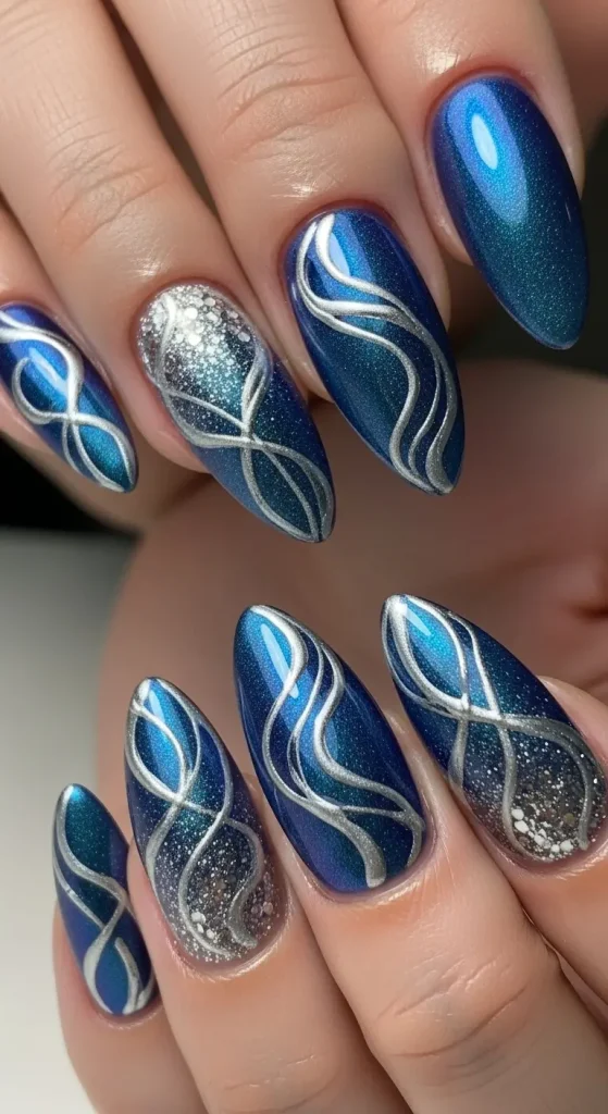 Blue and Silver Swirl Nails