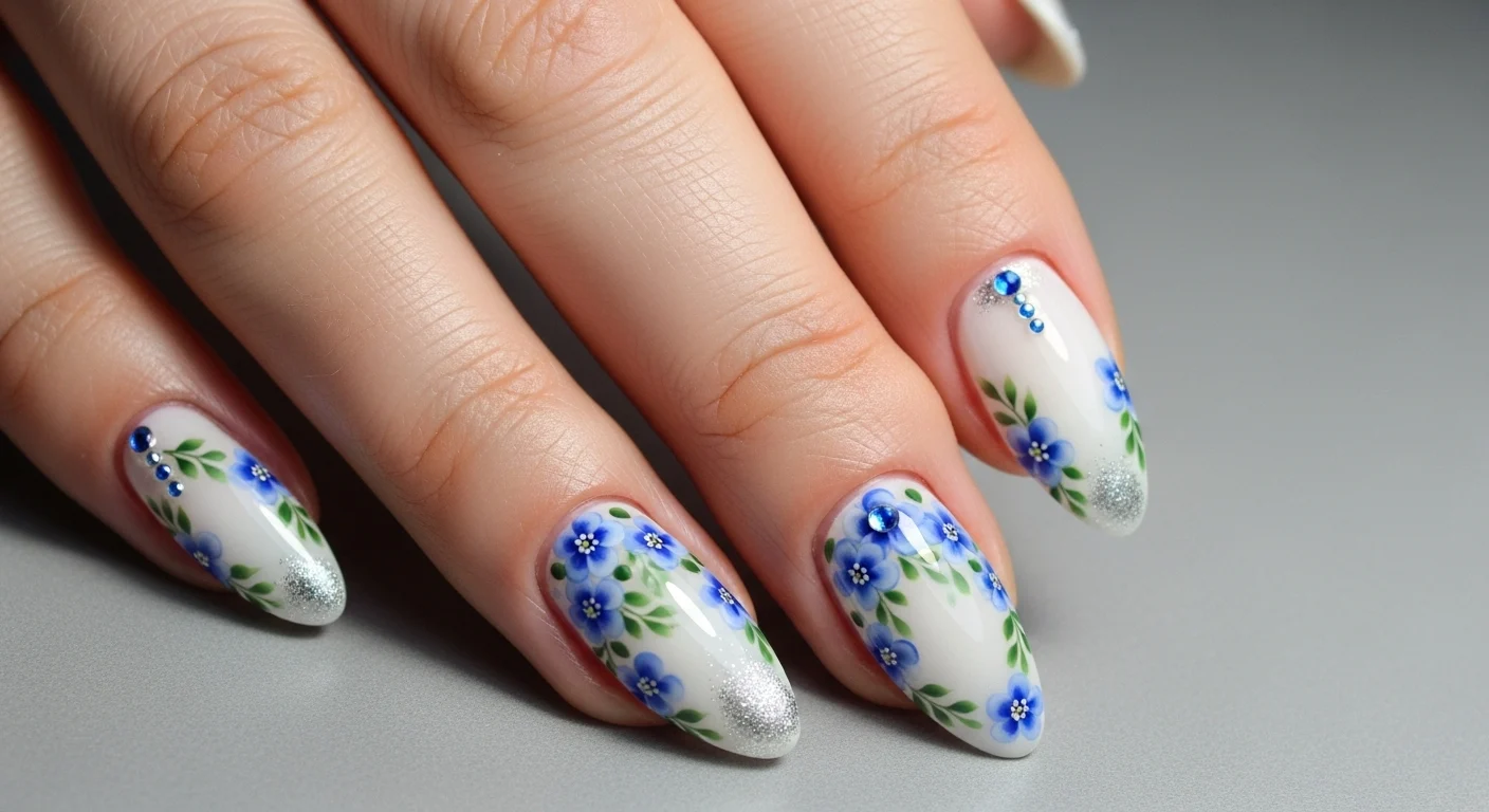 Blue and White Floral Nail Design
