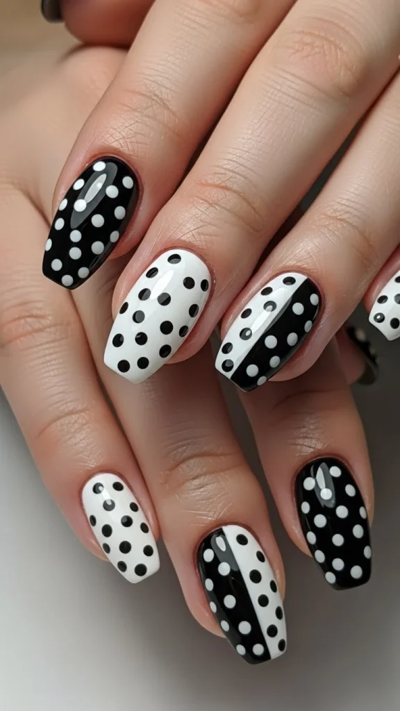 Bold Contrast Nails with Crisp White & Black Dots