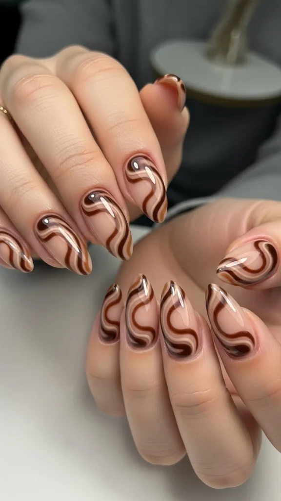 Brown Swirl Almond Nails for Trendy Movement