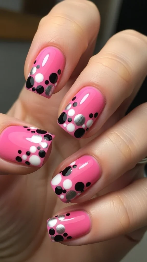 Bubblegum Pink Nails with Bold Polka Dot Clusters
