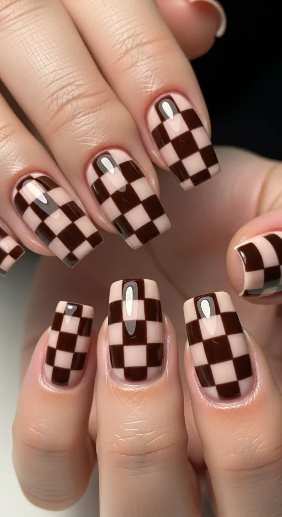 Chocolate and Beige Checkerboard Nails