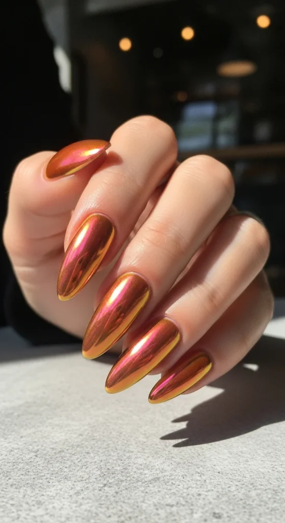 Chrome Peach Coral Nails for a Trendy Edge