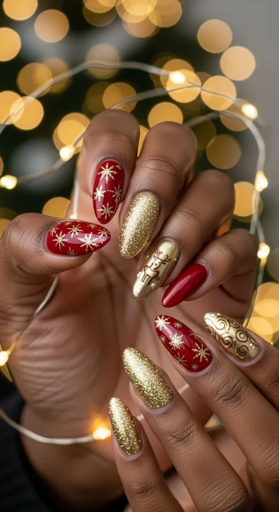 Classic Red and Gold Christmas Nails