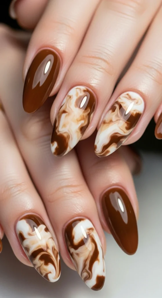 Coffee and Cream Marble Nails