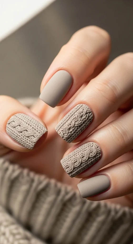 Cozy Knit Texture Accents on Neutral Nails