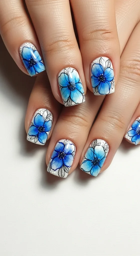 Crisp White Canvas with Blue Ink Blooms