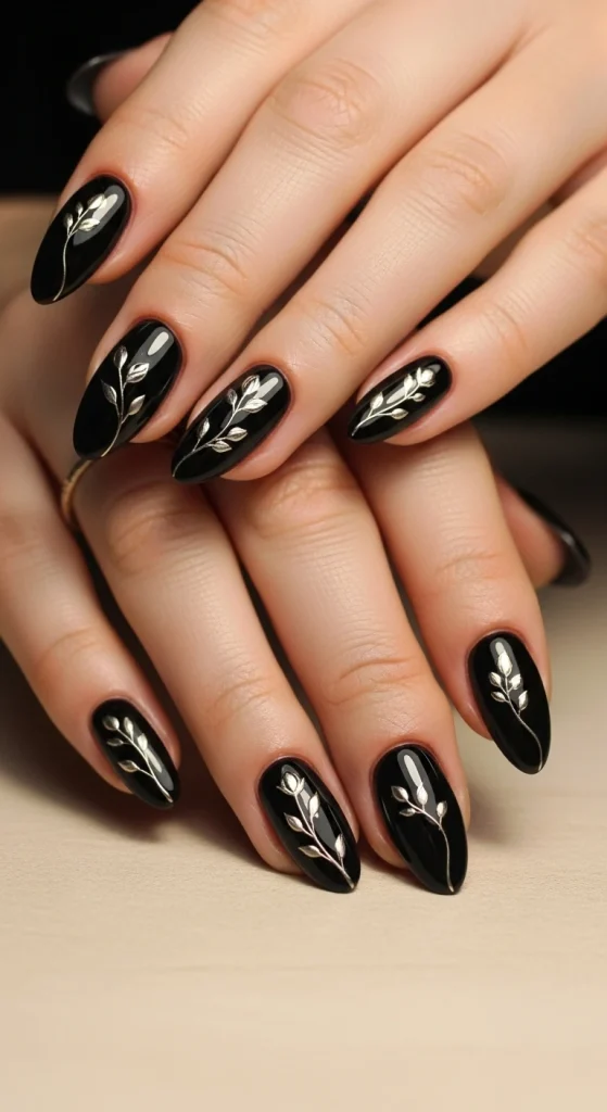 Elegant Black Nails with Floral or Stem Art