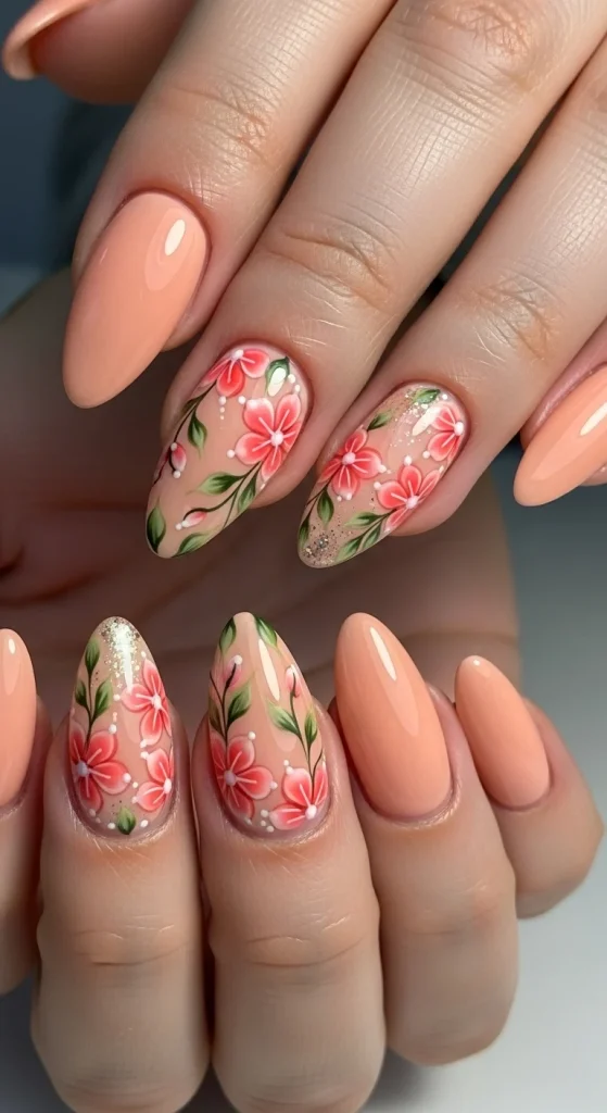 Floral-Inspired Peach Coral Nail Art
