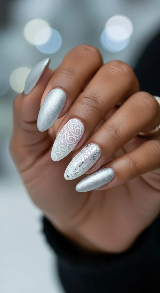 Frosted Silver and White Nails