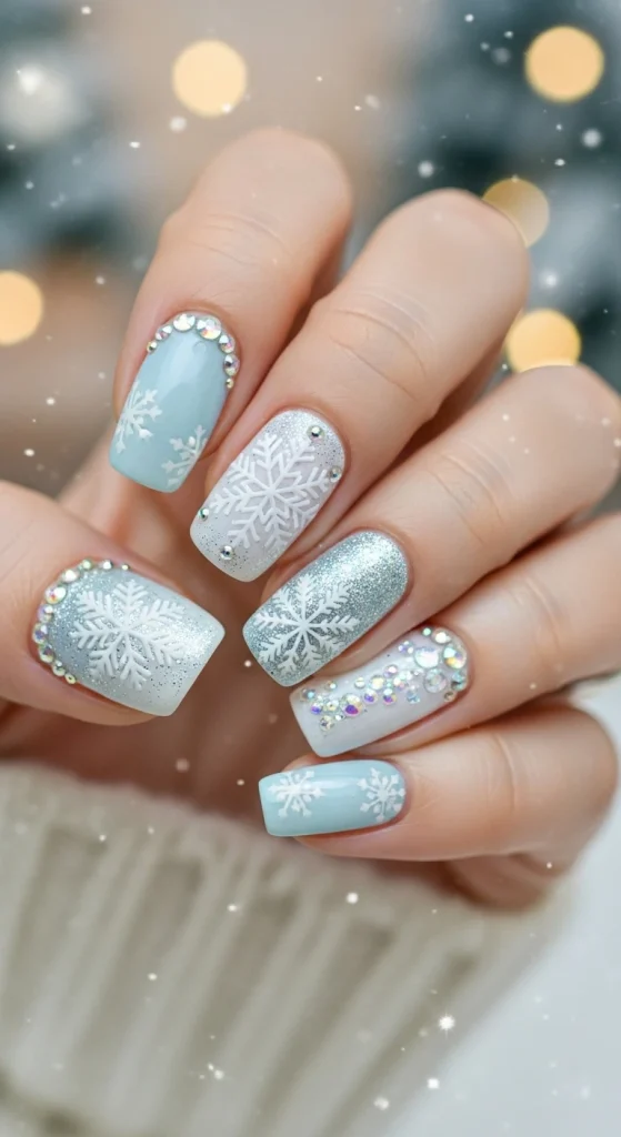 Frosted Snowflake Nails for a Winter Wonderland Vibe