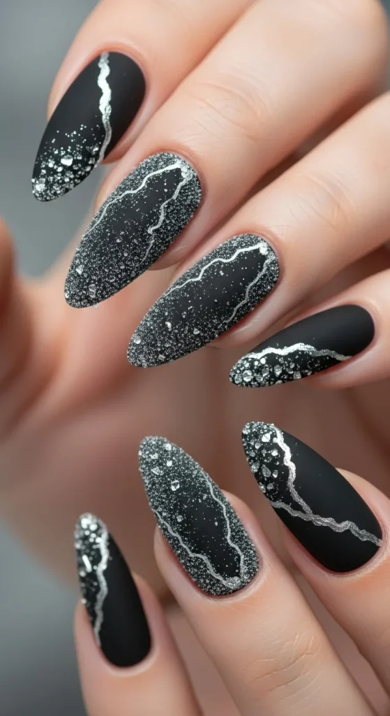 Frosty Black Nails with Silver Touch