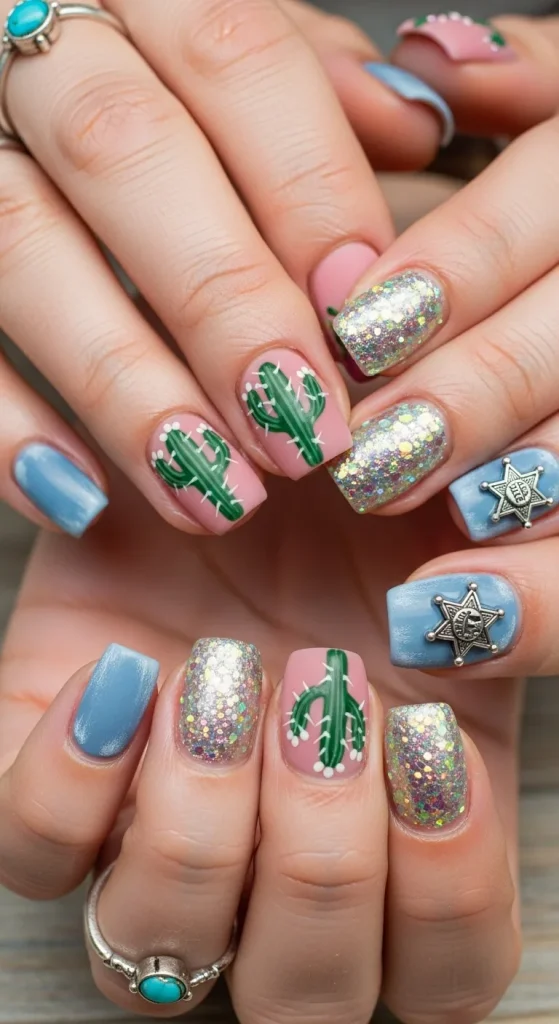 Glitter Accent Cactus Nails