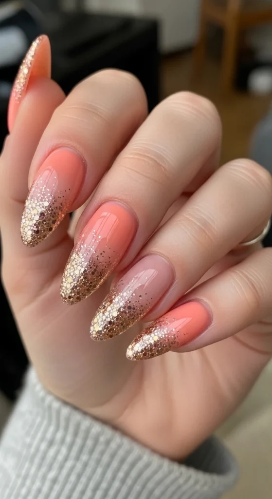 Glitter-Accented Peach Coral Tips