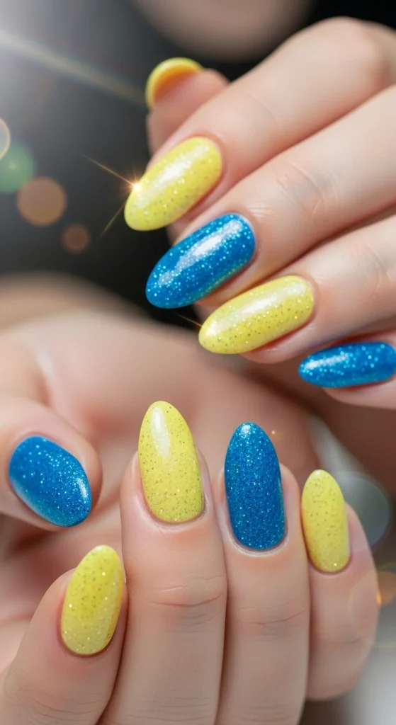 Glitter Glow Lemon and Blue Nails