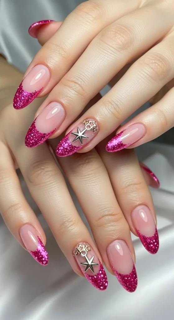 Glitter Pink French Tips with Star Charms