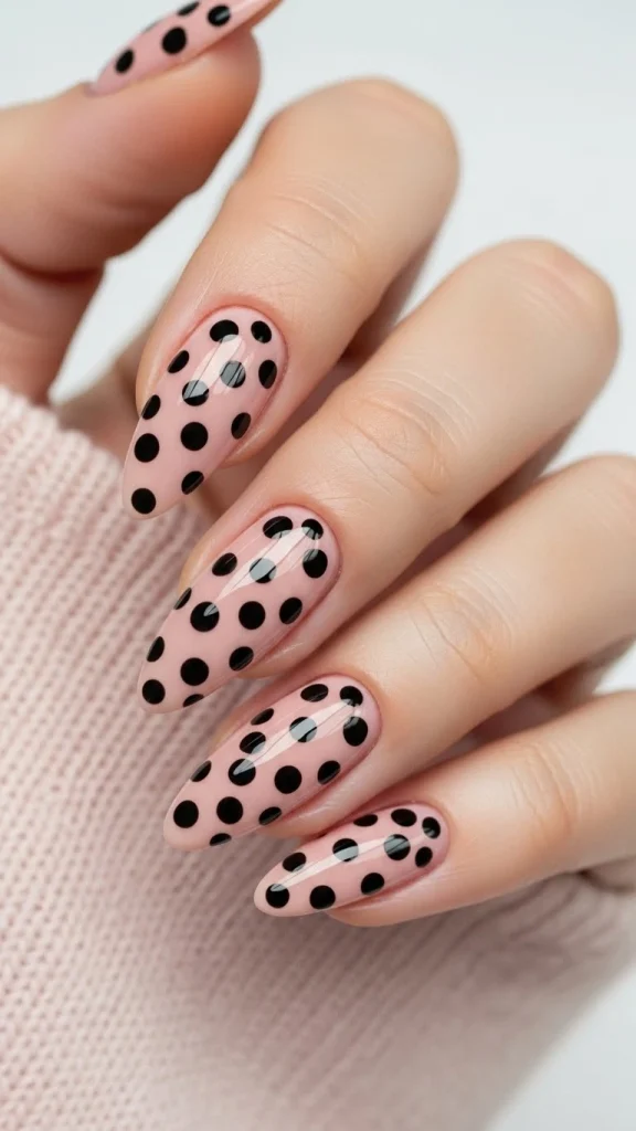 Gloss-Finish Black Polka Dot Nails on Nude Pink