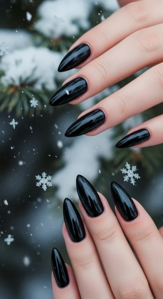 Glossy Black Nails for Cool, Sharp Winter Contrast